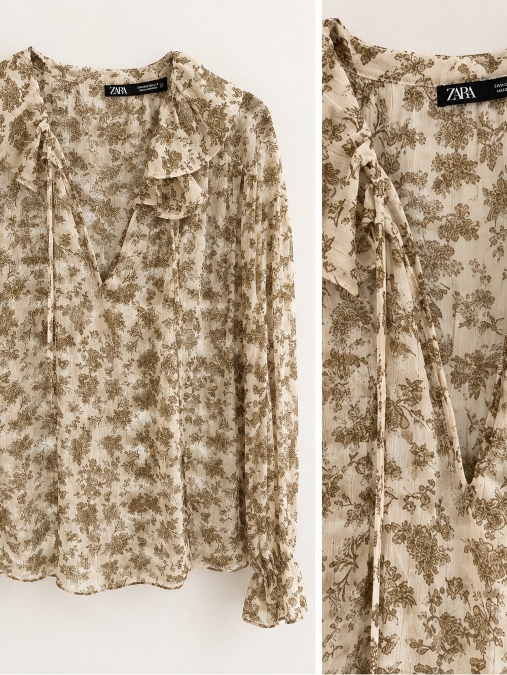 ZARA Cream Floral Ruffle Tie-Neck Blouse
